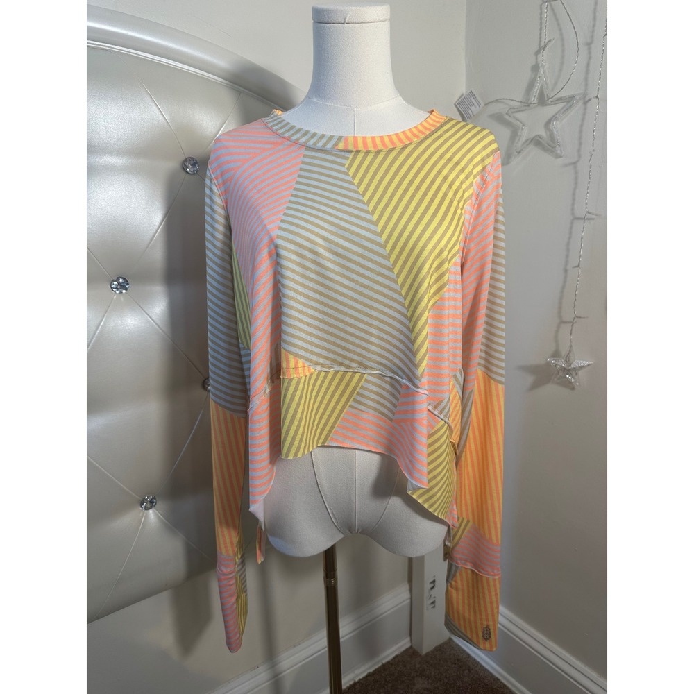 Free People Movement Long Sleeve Geometric Striped Activewear Top Yellow Orange